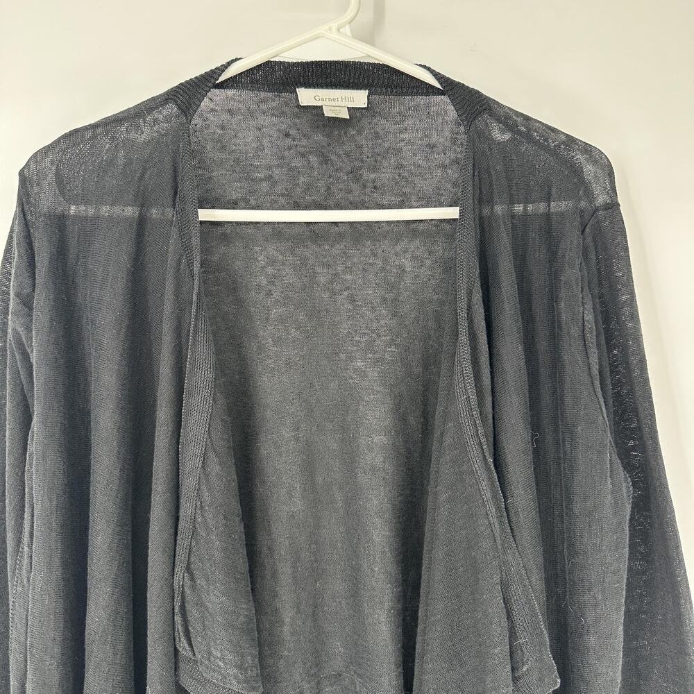 Garnet Hill Womens MEDIUM Black 100% Linen Open Front Cardigan Draped Sweater - Picture 2 of 8